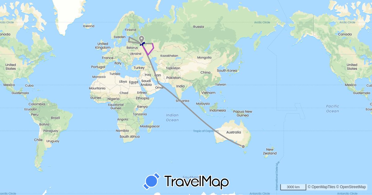 TravelMap itinerary: driving, plane, train in United Arab Emirates, Australia, Estonia, Latvia, Russia (Asia, Europe, Oceania)